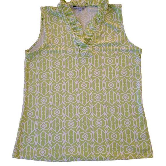 Sunsets and Sweet Tea UPF Green White Print Sleeveless Ruffle Collar Top Medium - Picture 9 of 10